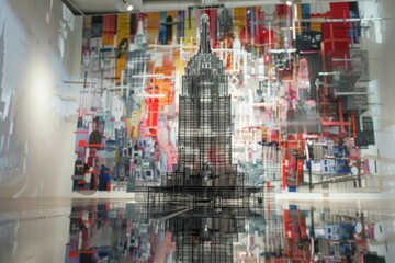 Sticker - A large building, resembling the Empire State Building, is reflected in the calm waters, A reconstructed Empire State Building made entirely of recycled materials