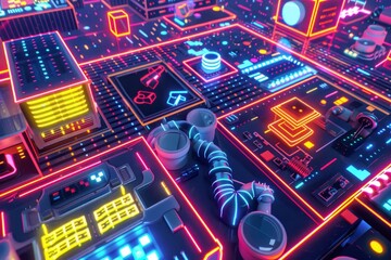 Poster - a sprawling futuristic city aglow with neon lights and vibrant colors, reminiscent of a retro arcade