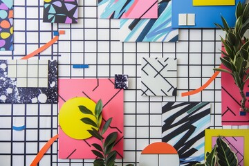 Poster - Diverse papers of various colors and textures covering a wall in a busy retro-inspired pattern, A retro 80s inspired grid pattern with bold geometric shapes
