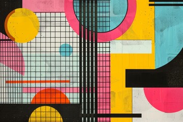 Poster - bold geometrical patterns and vibrant colors in an abstract painting, a retro 80s inspired grid patt