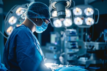 Poster - An individual performing robot-assisted surgery in a hospital setting, A robot-assisted surgery being performed in a state-of-the-art operating room