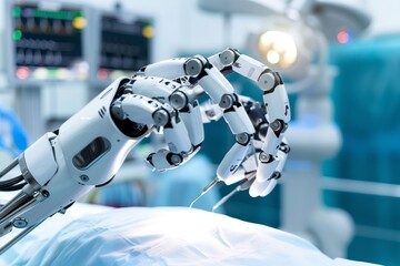 Poster - A robotic hand is seen holding an object in a hospital setting, showcasing precision technology in healthcare, A robot doctor performing surgeries with precision and efficiency