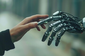 Poster - A person holding a robotic hand in their hand, robotic technology interaction concept, A robotic hand reaching out to touch a human hand in a symbolic gesture of connection
