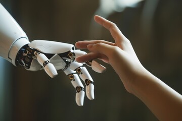 Aufkleber - A robotic hand reaches out to touch a human hand, showcasing advanced technology and artificial intelligence, A robotic hand reaching out to touch a human hand in a symbolic gesture of connection