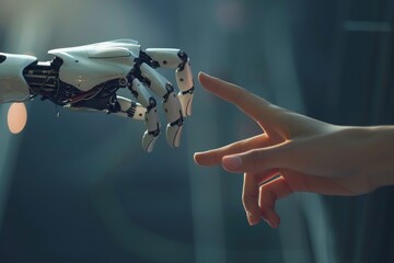 Sticker - Two hands, one robotic and one human, reaching out towards each other, A robotic hand reaching out to touch a human hand in a symbolic gesture of connection