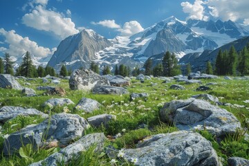 Poster - Alpine meadow with rocks and grass in foreground, snowcapped peaks in background, A rocky alpine meadow with snow-capped peaks in the background