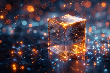 Poster - A futuristic image of a glowing orange cube surrounded by a network of connections, illustrating concepts of data transfer and cyber interconnectivity