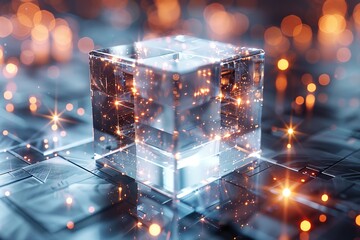 Poster - A captivating image featuring a glowing cube surrounded by a myriad of sparkling lights, creating an otherworldly atmosphere