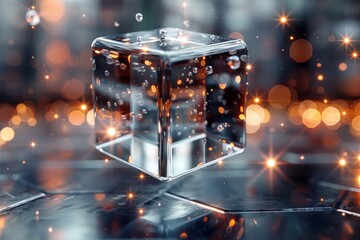 Poster - An exquisite image showcasing a transparent cube delicately adorned with water droplets, amidst a bokeh backdrop