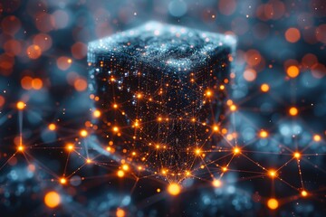 Poster - A mesmerizing image of a cube surrounded by a dance of sparkling particles in a cosmic environment