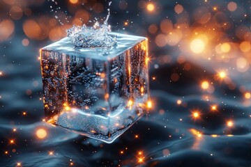 Poster - This vibrant image showcases a crystal-like ice cube with dynamic water splashes against a sparkling backdrop, highlighting a cool, refreshing concept