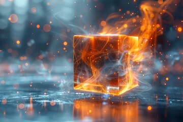 Poster - A mesmerizing cube illuminated from within by a fiery glow, surrounded by swirling embers, evokes warmth and transformative energy