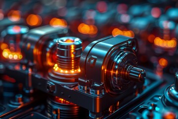 Poster - Intricate close-up showcasing the details of cutting-edge machinery basked in red neon light