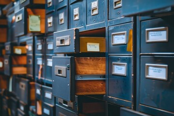 Poster - Numerous filing cabinets lined up against a wall, each cabinet filled with labeled drawers, A row of file cabinets with neatly labeled drawers