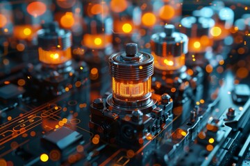 Poster - A richly detailed image of a spiral gear mechanism mounted on an electronic circuit board, with an orange glow