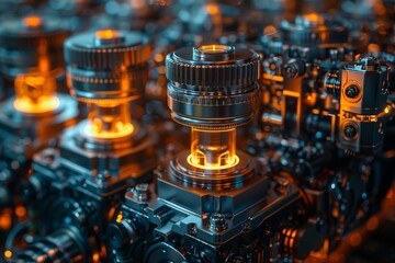 Poster - An intricate image depicting futuristic machinery parts glowing with a warm orange light, suggesting advanced technology