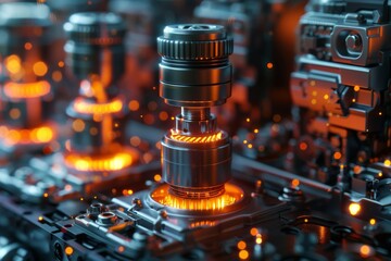 Poster - Close-up view of mechanical machinery with high precision parts illuminated with an orange futuristic glow