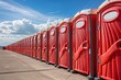 A row of red portable toilets sitting next to each other, A row of portable toilets lined up for the workers