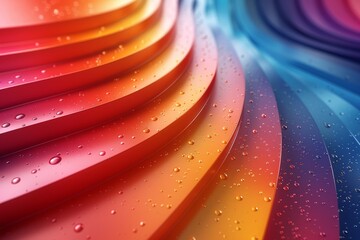 Poster - A dynamic close-up of multicolored curved surface with water droplets, showcasing a vivid spectrum of colors and reflections