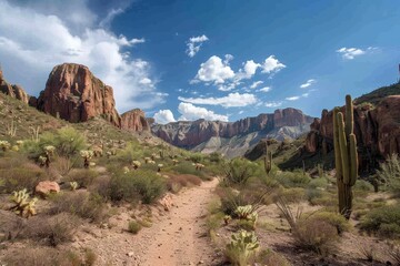 Poster - A dirt road winds through a desert landscape bordered by towering mountains and cactus plants, A rugged desert landscape with towering red rock formations and cacti along the trail