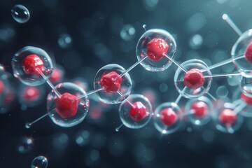 Poster - This high-resolution image depicts a 3D model of a molecular structure with red nodes connected by lines, set against a dark, bokeh background
