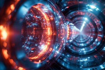 Poster - An abstract digital art of a futuristic tunnel with vibrant blue and red neon lights and energy pulses