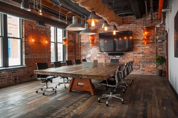 Poster - Conference room with wooden table and chairs against exposed brick walls, A rustic conference room with exposed brick walls and industrial lighting fixtures