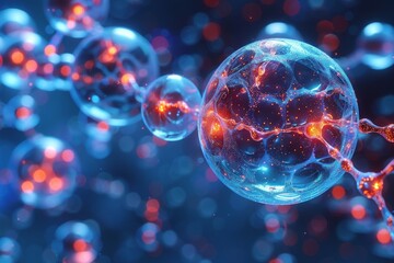 Poster - High-resolution 3D render showcasing interconnected spherical shapes emitting a radiant, glowing energy set against a dark backdrop