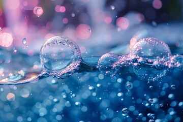 Poster - Crystal clear water droplets glistening on a blue-toned surface, embodying purity and tranquility