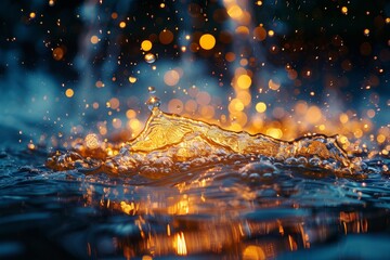 Poster - A high-speed image captures a vibrant water splash with glowing bokeh droplets, contrasting with the dark blue backdrop