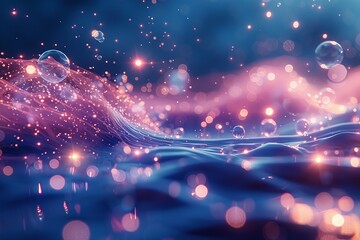 Poster - Mesmerizing image of a fluid wave in shades of blue carrying delicate pink sparkles, representing a dreamlike state of beauty and flow
