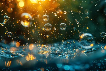 Poster - A vibrant image capturing the essence of tiny water droplets, illuminated to appear like sparkling gold amidst a sea of blue