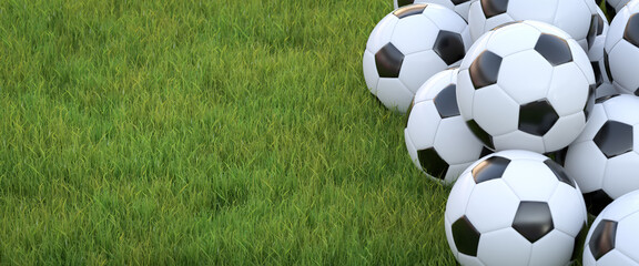 Wall Mural - Several classic soccer balls on a lawn. 3d render. Copy space, web banner format.