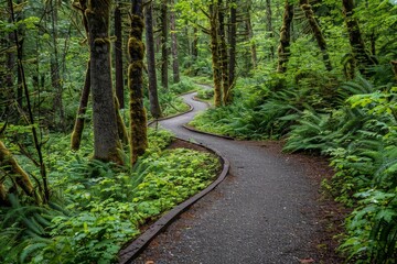 Canvas Print - A path for biking winds its way through a dense, green forest, A scenic biking trail winding through a lush forest