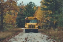 A Yellow School Bus Is Driving Down A Dirt Road To Pick Up Students, A School Bus Arriving To Pick Up Students For A Field Trip To A Museum