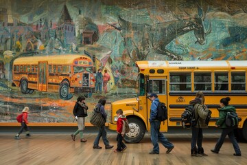 Sticker - Crowd of individuals walking by a bright yellow school bus as it waits to pick up students, A school bus arriving to pick up students for a field trip to a museum