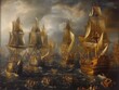 A painting of a battle between many ships with people on them. The mood of the painting is intense and chaotic