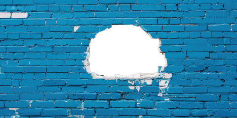 Blue brick masonry with transparent hole, wall breakthrough, frame, PNG