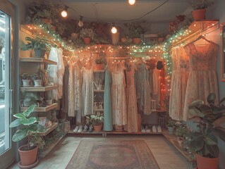 Wall Mural - A small room with a lot of clothes and plants. The clothes are hanging on racks and the plants are in pots. The room has a cozy and inviting atmosphere