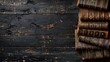 The background of books. On a black wooden background. Top view. Free space for your text, Generative Ai