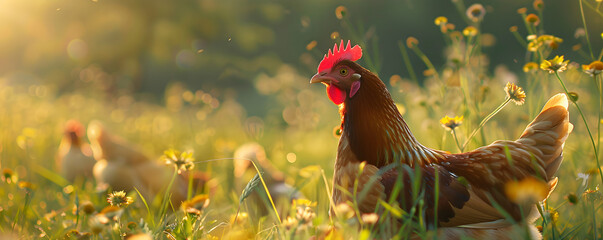 Brown chickens in spring or summer field with green grass and wildflowers. Poultry grazing on farmland. Agriculture industry and livestock husbandry. Design for banner, poster with copy space