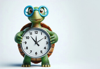 Illustration of cute anthropomorphic turtle character holding clock and standing isolated on white background, copy space for text