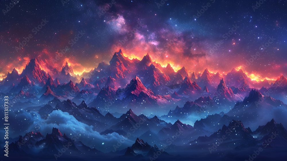 illustration of a mountain range under a starry night sky. The Milky ...