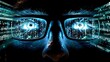 Close-up view of human eyes behind high-tech glasses, with vivid streams of binary code and circuit patterns, symbolizing deep data immersion.