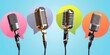 Four microphones against colorful speech bubble backgrounds, symbolizing diverse voices and communication in modern media.