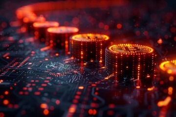 Poster - Futuristic concept of Bitcoin cryptocurrency with glowing neon lights on a circuit board