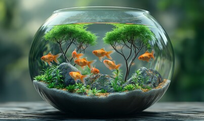 Aquarium with fish and trees inside.
