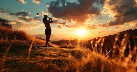 Wall Mural - Silhouette of woman playing golf on course.