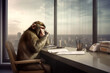 A monkey dressed like a businessman and sitting at the table