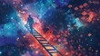 A determined professional ascending a ladder that transitions into digital pixels, representing modern career growth in technology.